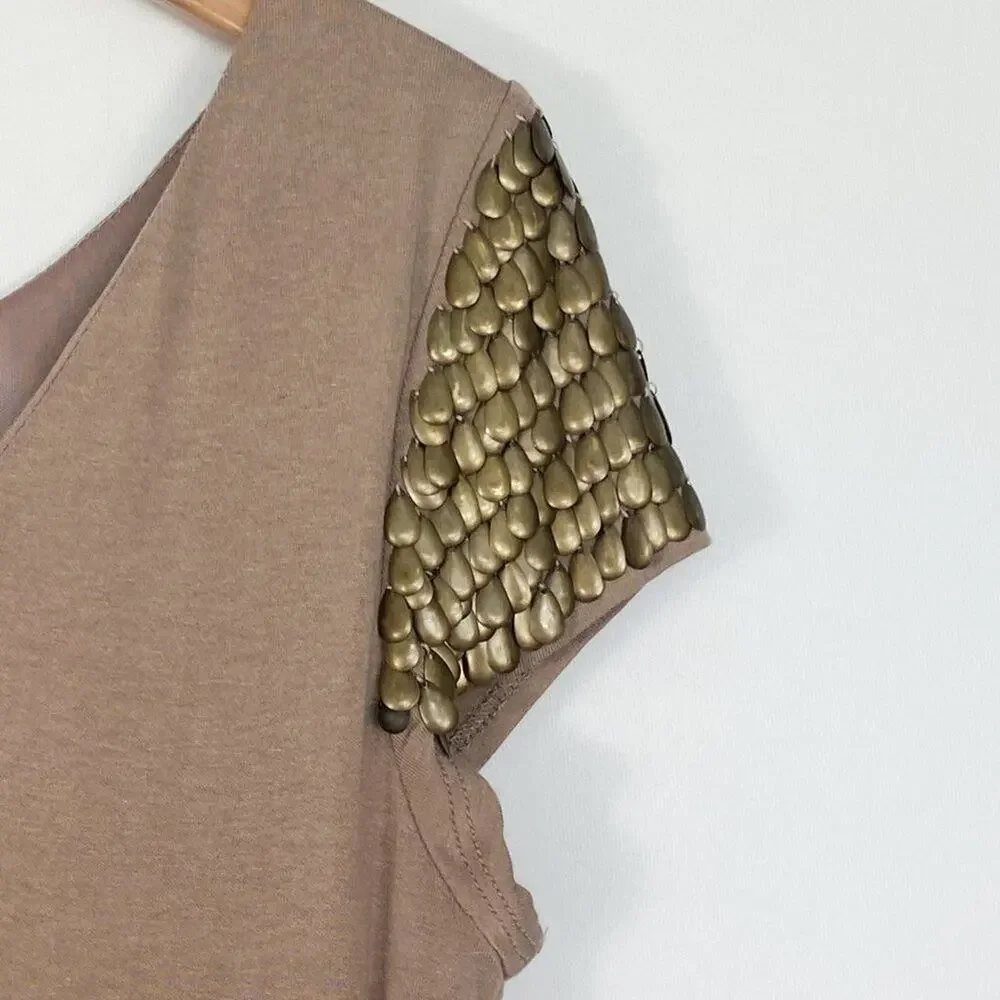 Forever 21 Metal Teardrop Embellished Taupe Nude Jersey Knit Bodycon Mini Dress